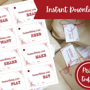 May include: A sheet of red and white gift tags with phrases like "Something you wear" and "Something you eat." The tags are decorated with floral corner designs. The image also shows wrapped gifts with similar tags.