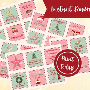 May include: A selection of Christmas-themed printable square designs in pink and mint green with red and white striped borders. Each square features festive text and graphics, with a red circle that says "Print today".