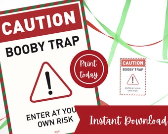 Christmas Elf Prop Printable 'Caution Booby Trap' Sign | enter at your own risk | DIGITAL DOWNLOAD
