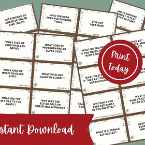 Peut inclure: Ensemble de cartes sur le thème de Noël avec des blagues et des questions. Les cartes ont des bordures vertes et rouges avec des flocons de neige. Le texte "Print today" est dans un cercle rouge. "Instant Download" est sur une bannière rouge.