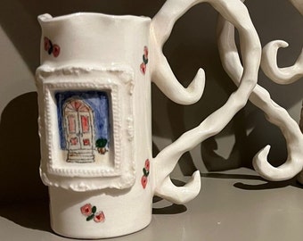 Unshaped Frame Mini Handmade and Hand painted Ceramic Cup, Aesthetic Coffee Cup, Creative Wide Cup, Gift for Her / Him