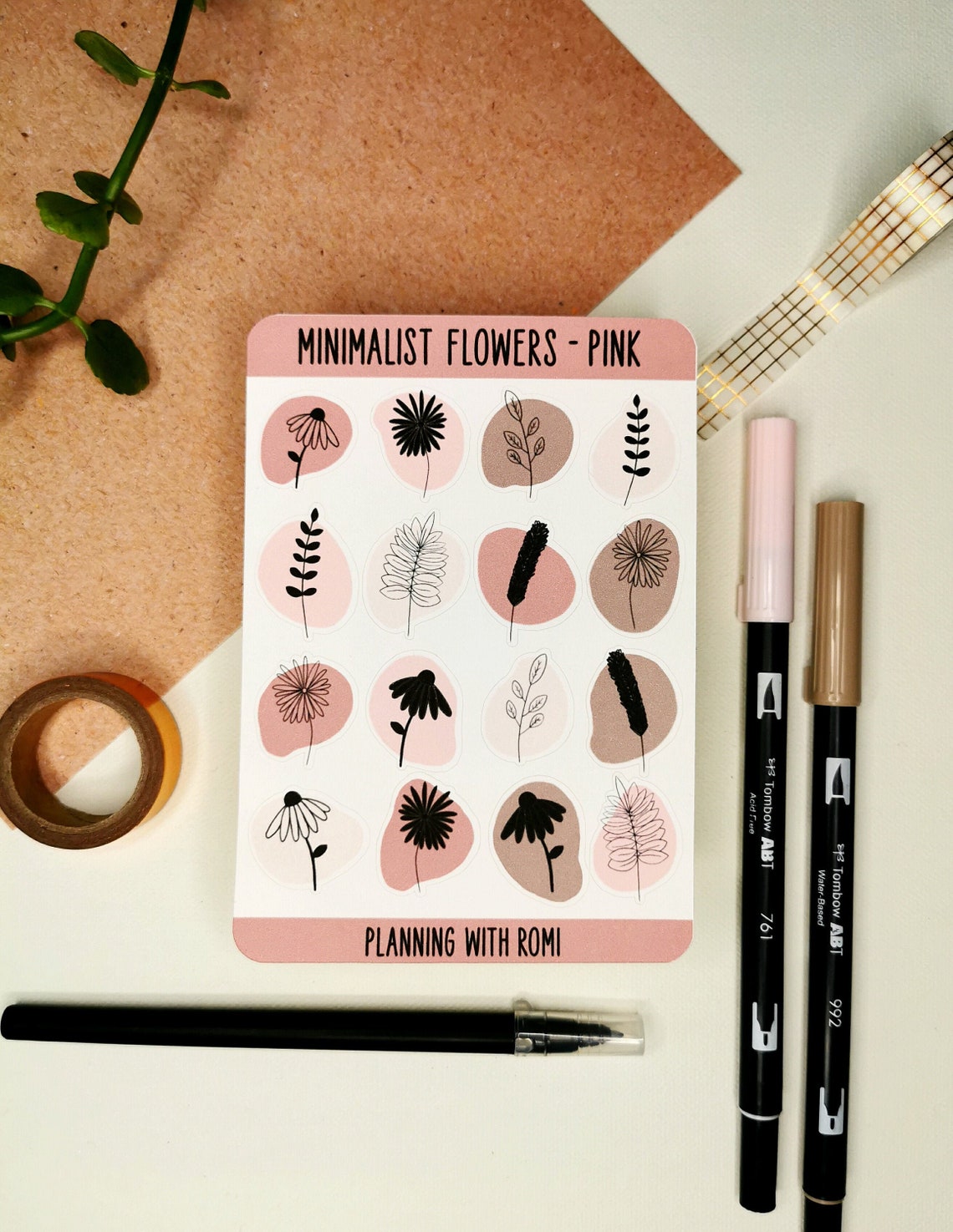 minimalist flowers pink bullet journal stickers daily etsy