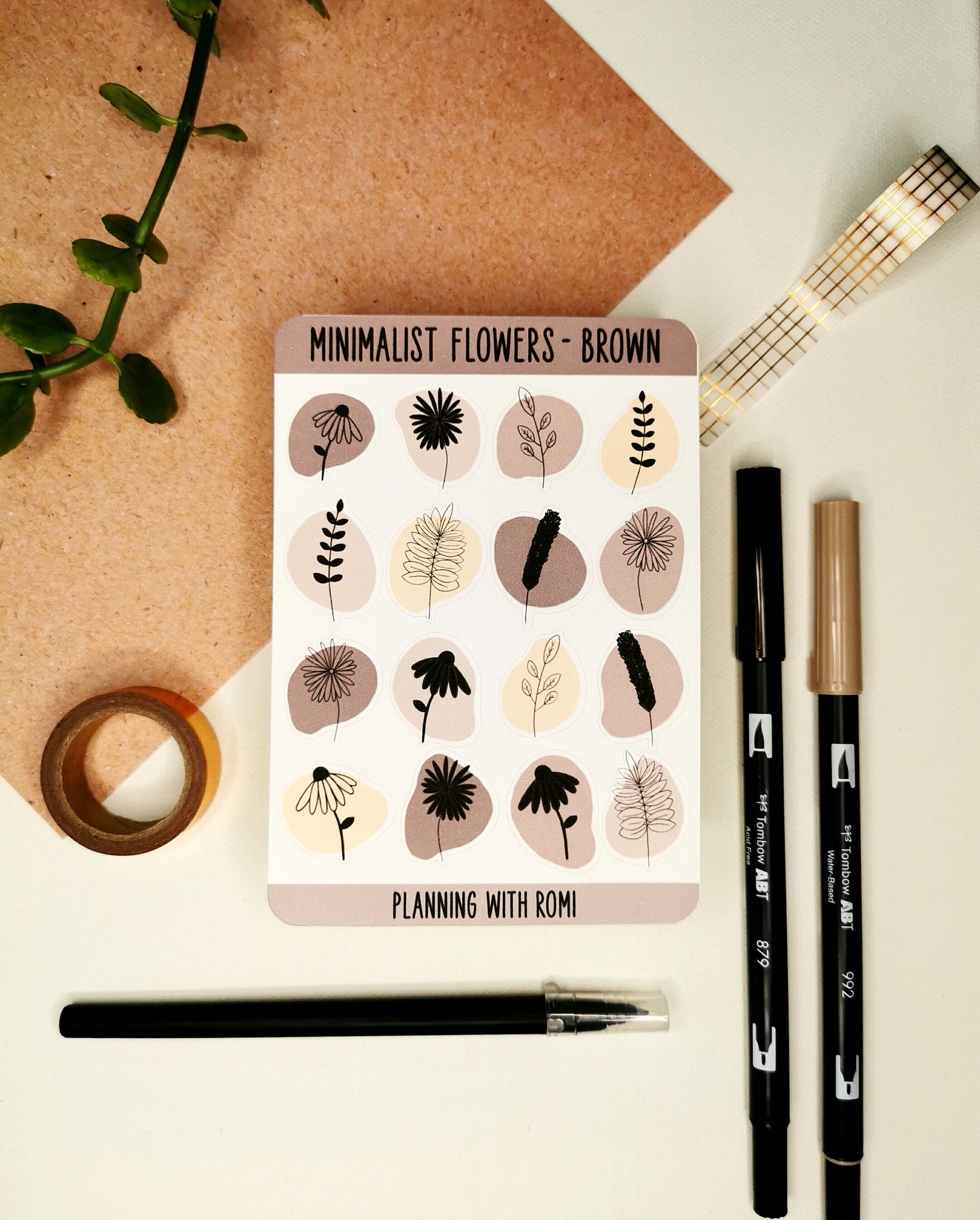 minimalist flowers brown bullet journal stickers daily etsy