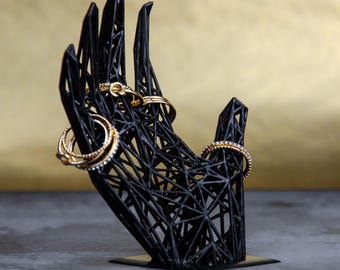 Minimalist Resin Ring Holder | Stylish Black Jewelry Display | Modern Storage for Bathroom |  Geometric Grid Design