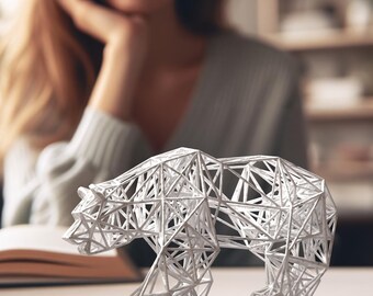 Minimalist Bear Sculpture – White Geometric Resin Bear, Modern Art Decor