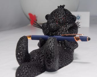 3D Otter figurine - Modern pen holder | Handmade sculpture in grid design | Original office decoration gift