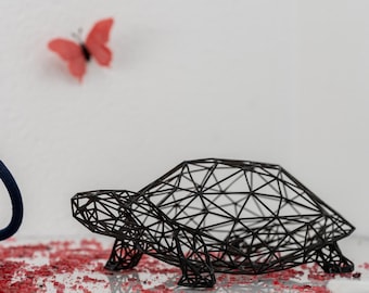 Turtle Sculpture in Black Resin – Geometric Wireframe Decor
