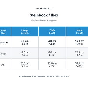 Größentabelle für die Steinbock-Skulptur in Medium, Large und XL mit Maßen in Zentimetern und Zoll.