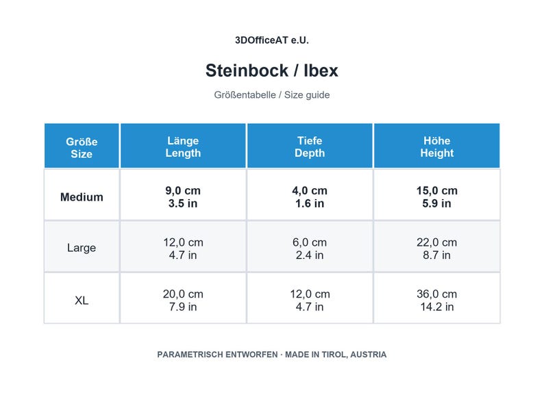 Größentabelle für die Steinbock-Skulptur in Medium, Large und XL mit Maßen in Zentimetern und Zoll.