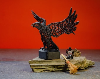 Raven Sculpture on Base - Modern Gird Art Raven Ornament - Gothic Minimalist Decor - Halloween Centerpiece