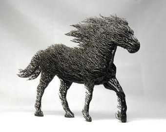 Black Mustang Horse Grown Sculpture – Galloping Horse Art from Algorithmic Tree Design - Stallion decoration for riders & horse lovers
