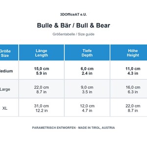 Größentabelle für Bulle und Bär in Medium, Large und XL mit Maßen in Zentimetern und Zoll.