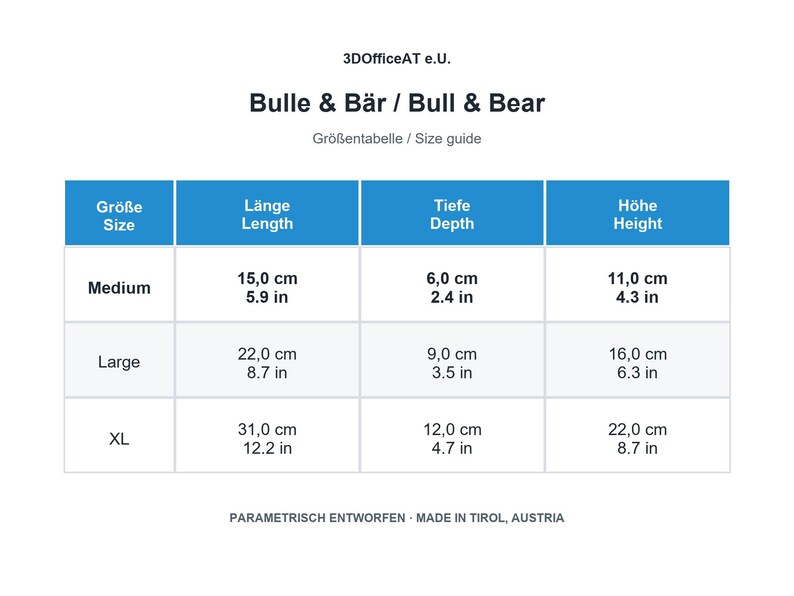 Größentabelle für Bulle und Bär in Medium, Large und XL mit Maßen in Zentimetern und Zoll.