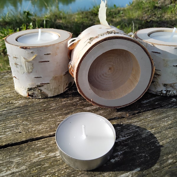 Set of 10 birch tea light holder