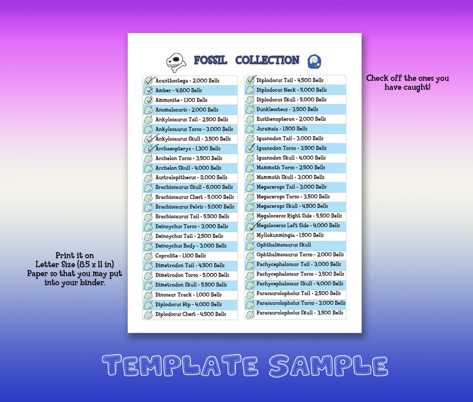 ACNH Fossils Print Template Letter Sized PDF Download Animal Etsy