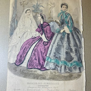 Paris Fashion Ad 1869 Magasin Des Demoiselles Lithograph-Color 9x3/4 by 6 1/2