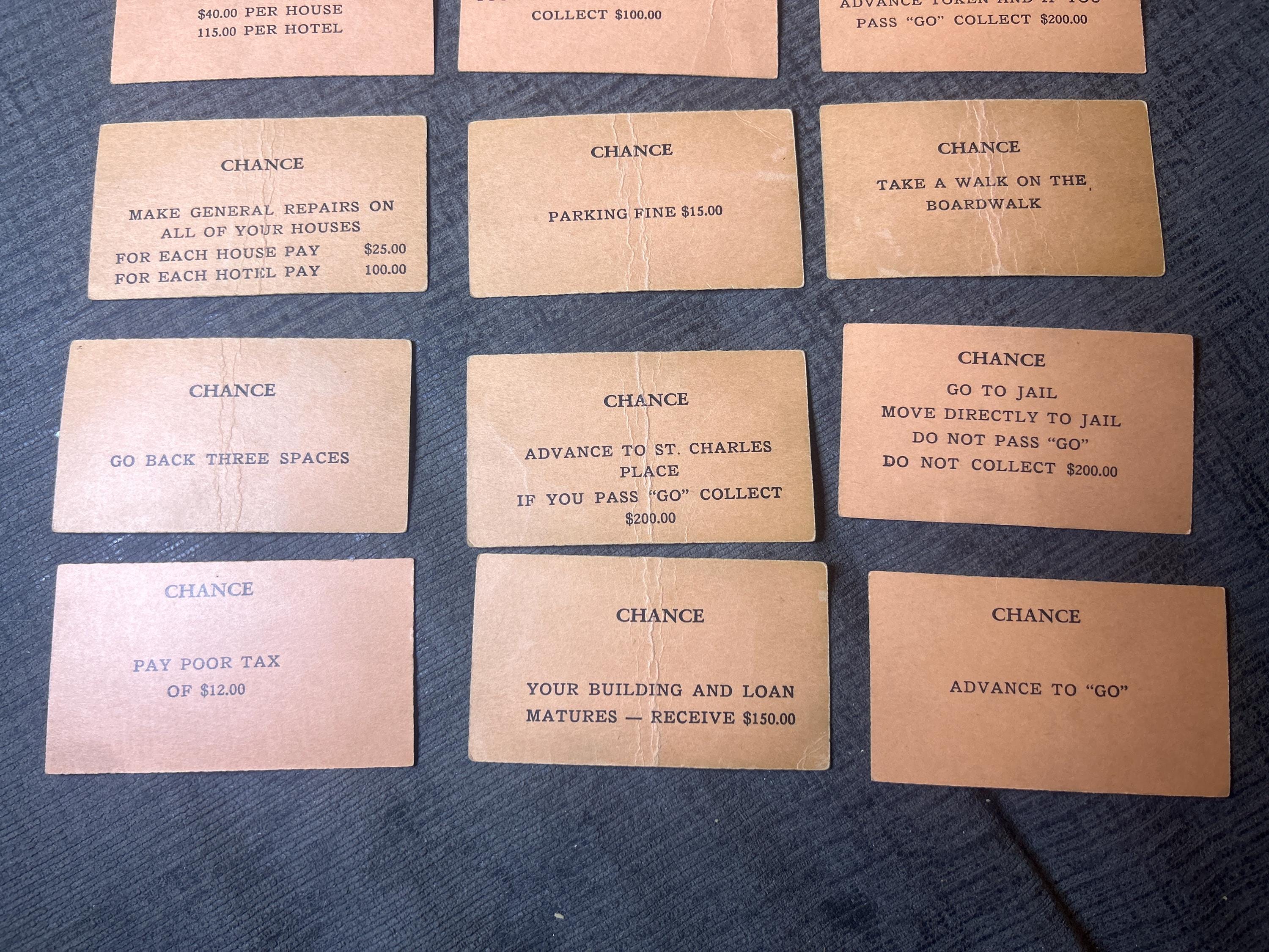 Chanace Card 1935 Monopoly Chance Cards (15 Cards) Pre-pictures, and Patent “rough ...