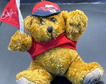 Può includere: Un piccolo orsacchiotto di peluche con una maglietta rossa e un berretto da baseball. L'orso tiene in mano una bandiera rossa con testo bianco. L'orso ha un filo d'oro per appenderlo.