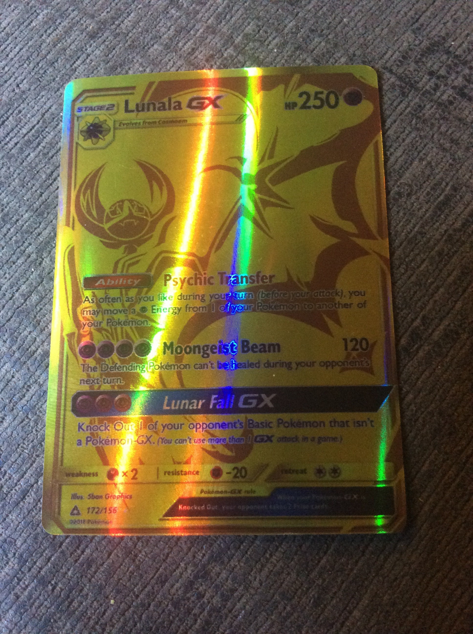 Pokemon Card Lunala GX Gold foil #172/156 Very Good Condition