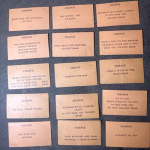 1935 Monopoly Chance-kaarten (15 kaarten), pre-afbeeldingen en patent 'Rough-Very Good'
