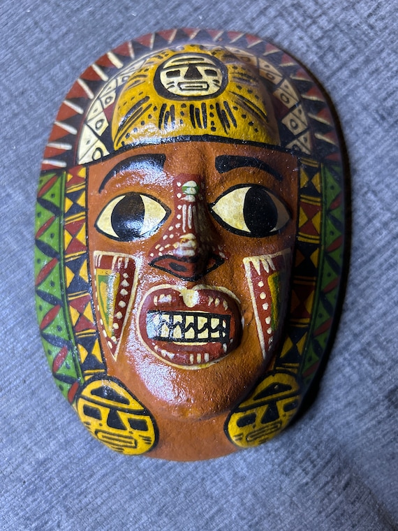 Vintage Inca-Aztec Hand Painted Wooden Mask 4x6 in