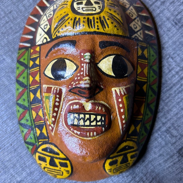 Vintage Inca-Aztec Hand Painted Wooden Mask 4x6 inches