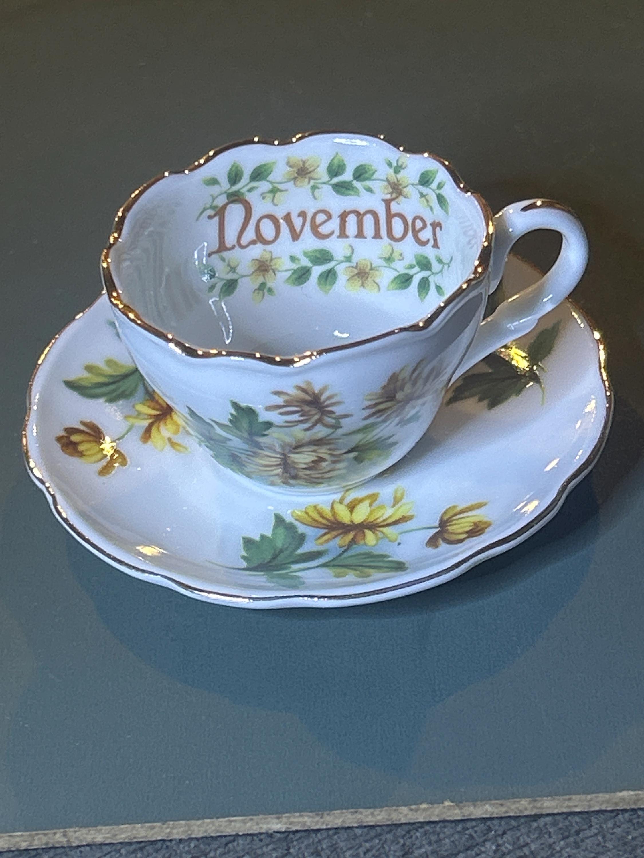 E & R Golden Crown Tea Cup and Saucer (November) Miniature