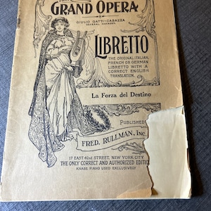 May include: A vintage, black and white illustration of a woman holding a lyre, with the text "LIBRETTO" in a decorative font. The text "La Forza del Destino" is below the illustration, and the text "FRED. RULLMAN, INC." is below that. The text "PRICE 30 CENTS" is at the top of the page.