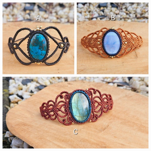 Bracelets manchettes en micro macramé et minéraux : chrysocolle / opale bleue / labradorite