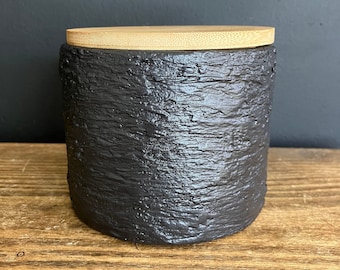 Bespoke Black Textured Jar: Upcycled Faux Concrete Rustic Decor