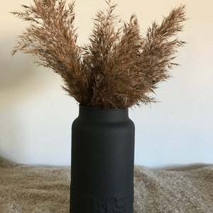May include: A black vase with a textured bottom, filled with dried pampas grass.