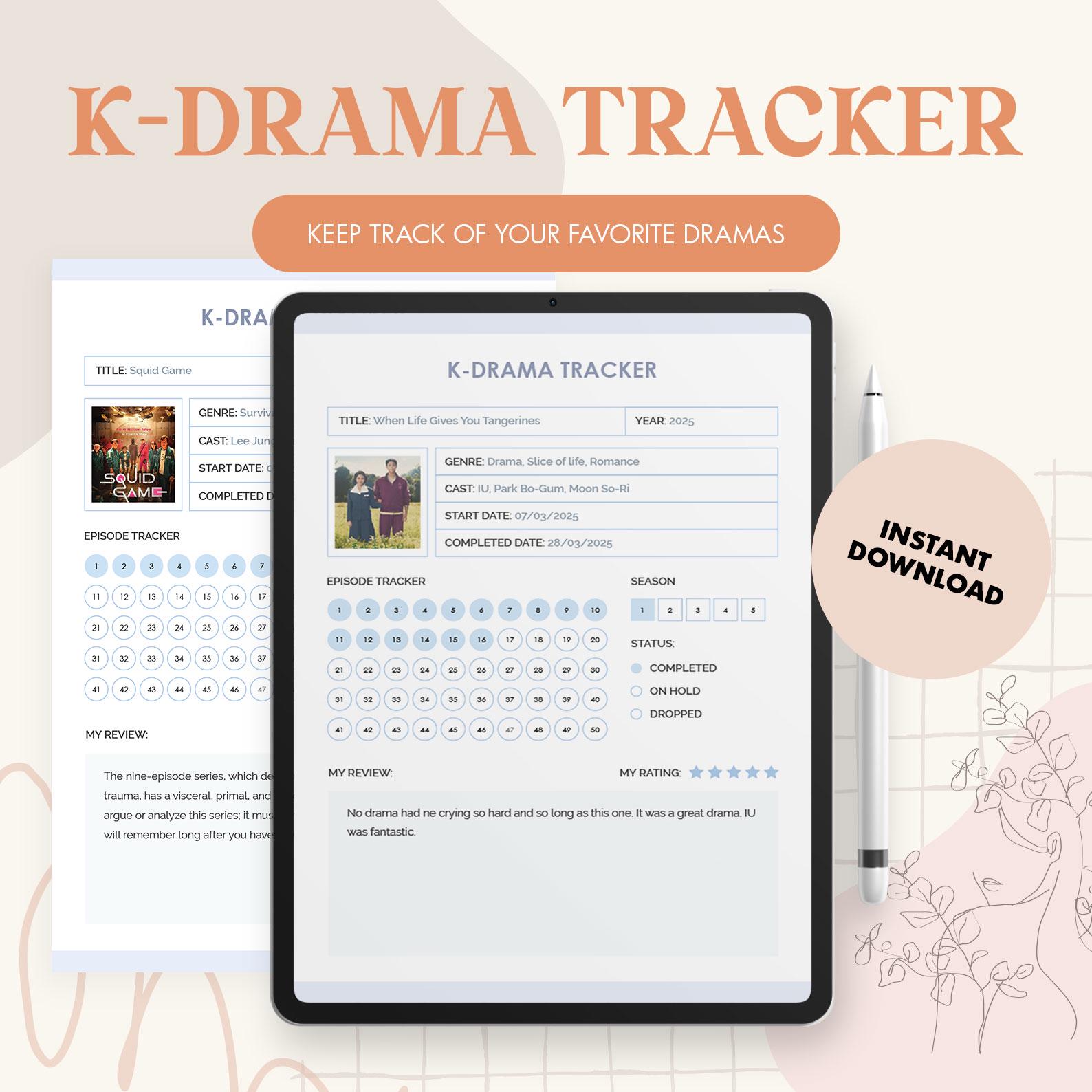 K-Drama Digital Tracker, Printable Planner, Instant Download, Korean Dramas, Squid Game