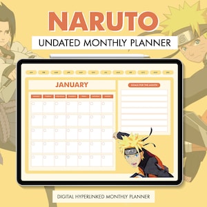 Puede incluir: Un planificador mensual digital con personajes de Naruto. El planificador no está fechado e incluye un calendario para enero con casillas de verificación para cada día. El planificador también incluye una sección para los objetivos del mes.