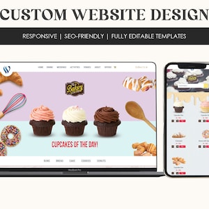 May include: A website design mockup for a bakery, showcasing a laptop and a mobile phone displaying the website. The website features a pink and blue color scheme with images of cupcakes, donuts, and croissants. The text "Cupcakes of the Day!" is displayed in red.