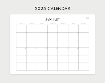 2025 Printable Calendar Landscape, Minimalist Monthly Calendar 2025, Printable and Digital version, A4 PDF, Dark and Light Mode, 2 Versions