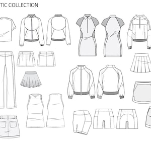 Puede incluir: Dibujos lineales de una colección deportiva para mujer, que incluye camisetas, chaquetas, vestidos, pantalones, faldas, shorts y camisetas sin mangas. La colección se presenta en un estilo limpio y minimalista, mostrando las vistas frontal y trasera de cada prenda.