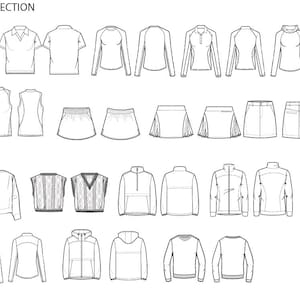 Op de afbeelding: Een lijntekening van een dames golfcollectie. De afbeelding toont verschillende tops, rokken, shorts en jassen. De collectie bevat vesten, vesten en jassen met capuchon. De tekst "WOMENS GOLF COLLECTION" staat bovenaan.