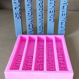 Puede incluir: Cinco barras rectangulares azules con las palabras "VIAJES", "ABUNDANCIA", "PERSEVERANCIA", "DINERO" y "PACIENCIA" impresas en ellas. Un molde de silicona rosa con cinco ranuras rectangulares con las palabras "SALUD", "ABUNDANCIA", "PERSEVERANCIA", "DINERO" y "PACIENCIA" impresas en ellas.