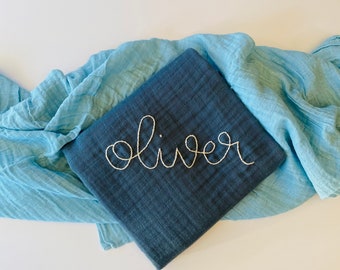 BALSAM-Custom Hand Embroidered Personalized Name Swaddle, Hand Stitched Muslin Blanket