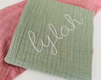 WILLOW-Custom Hand Embroidered Personalized Name Swaddle, Hand Stitched Muslin Blanket