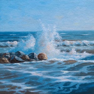 Rocky Seashore Oil Painting: Coastal Landscape Art, 6x6 in