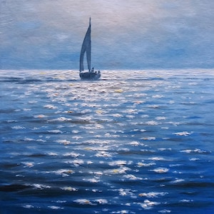Miniature Sailboat Oil Painting: Ocean Seascape Art, 6x6 in
