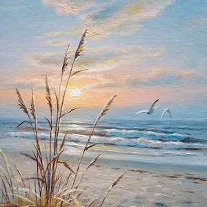 Sunset on the Sea Beach Oil Painting Original Ocean Wall Art Unframed Coastal Landscape Seashore Seagulls Miniature Small Painting 7x5 in