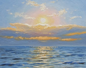 Original Ocean Sunset Oil Painting Beach Wall Art Ocean Painting Sea Wall Art Miniature Painting Small Oil Painting  6 x 6 inches