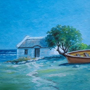 Fisherman&#39;s House Oil Painting Original Art Fishing Boat Seascape Ocean Wall Art Unframed Coastal Landscape Miniature Small Painting 6x6 in