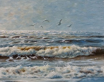 Original Seascape Oil Painting Sea with Seagulls Sea Waves Painting Beach Wall Art Coastal Landscape Seashore Art Ocean Wall Art 8 by 8 in