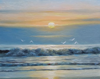 Original Ocean Oil Painting Sunset Painting Seascape Art Beach Painting Ocean Waves Miniature Painting Sea Waves Small Painting 6x6 in