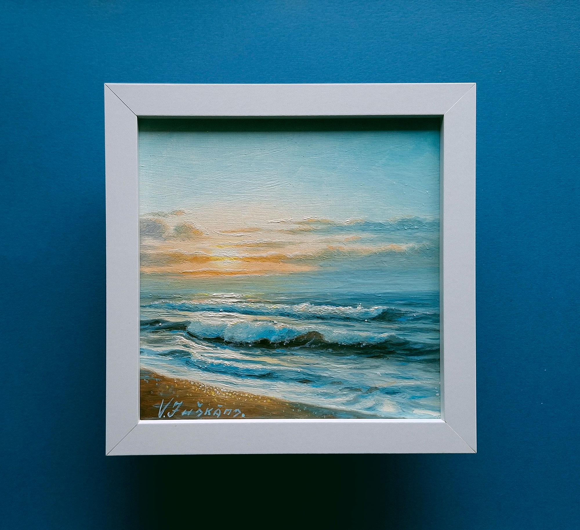 Original Seascape Oil Painting: Miniature Beach Sunset Art, 6x6 In