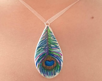 Peacock feather necklace, Peacock pendant ,Feather pendant ladies gift, Clay hand painted peacock feather pendant
