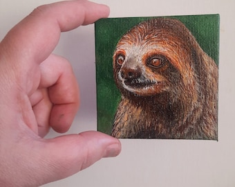 Sloth original painting, Sloth miniature painting, Sloth gift, Original painting and easel, Solth art